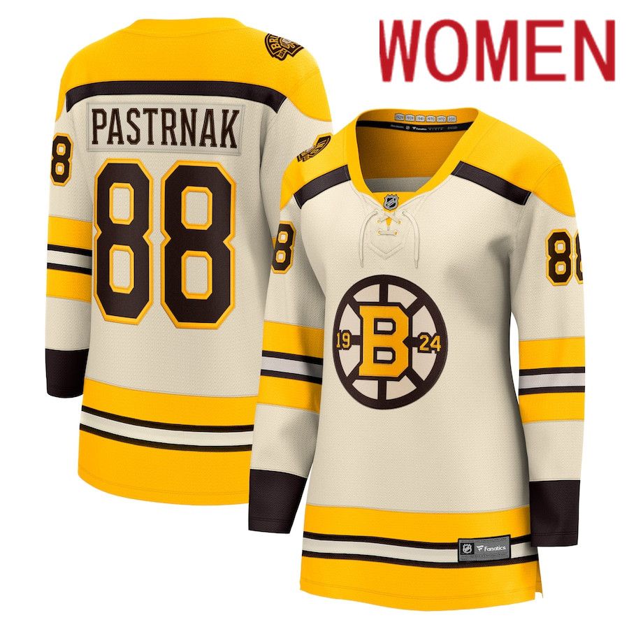 Women Boston Bruins #88 David Pastrnak Fanatics Branded Cream 100th Anniversary Premier Breakaway Player NHL Jersey->->Women Jersey